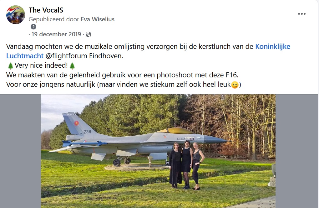 Facebookbericht en foto van The VocalS bij de Koninklijke Luchtmacht