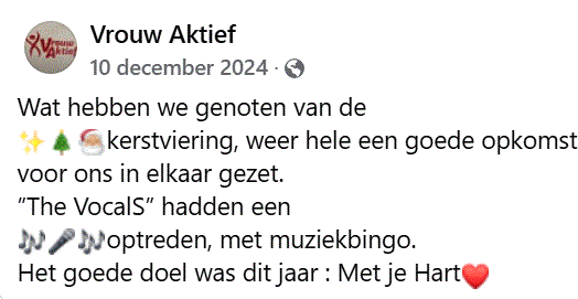 Facebookreactie van Vrouw Aktief na de kerstshow