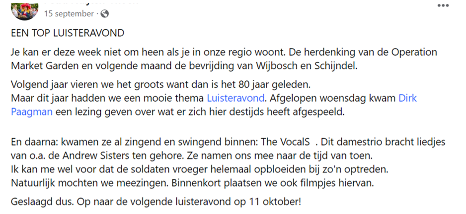 Facebookterugblik op de luisteravond in Wijbosch
